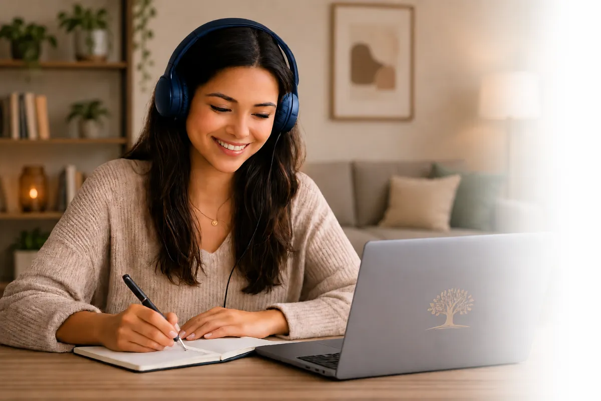 Aluna sorrindo com fones de ouvido durante uma aula de inglês online